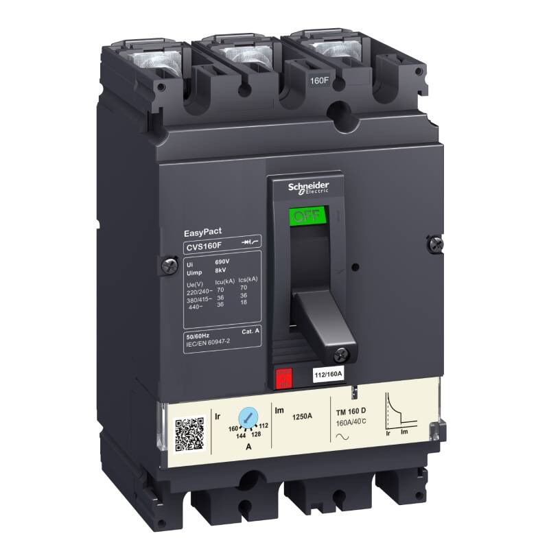 circuit breaker EasyPact CVS160F, 36 kA at 415 VAC, 160 A rating thermal magnetic TM-D trip unit, 3P 3d - 1