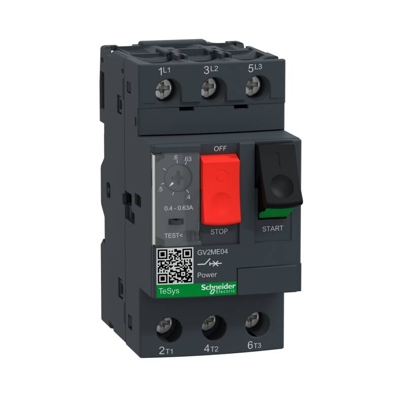GV2ME with pushbutton control from 0.06 to 15KW/400V, screw clamp terminals >100KA>100KA,0.40?0.63A,8.0A - 1